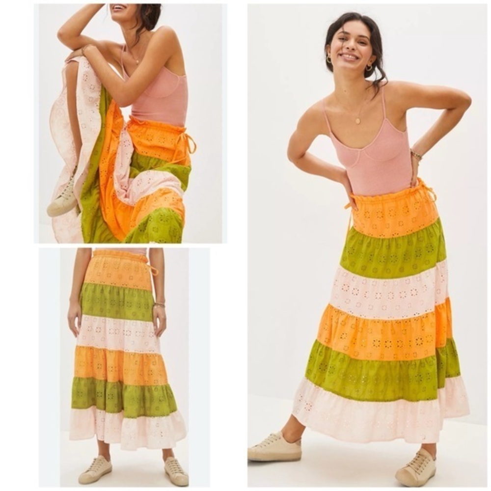 💋Anthropologie Hitch eyelet Orange, Green, and Cream Maxi Skirt size XS